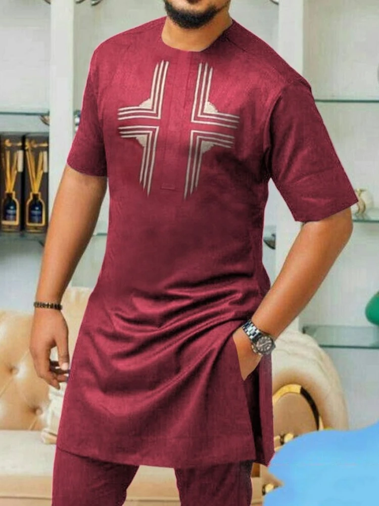 Muslim Fashion African Red Collarless Slim Fit Casual Summer Shirt Arabic Shirt Kurta Men Camisas Estilo Europeo Pars Hombre