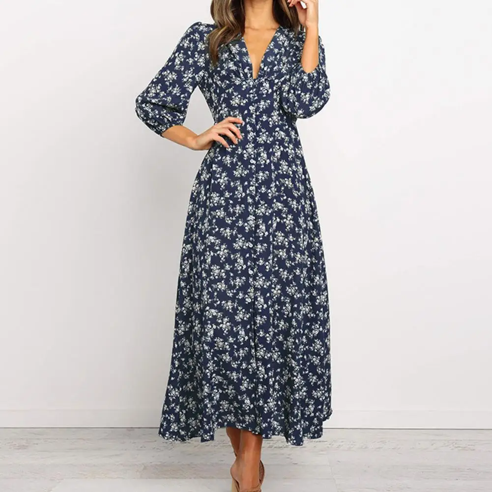 

Fabulous Women Dress Sweet Low-cut Lady Dress Big Hem Flower Print Autumn Dress
