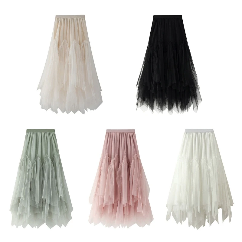 

Women Layered Mesh Tulle Midi Skirt Prom Party Ruffle A-Line Long Tutu Skirts