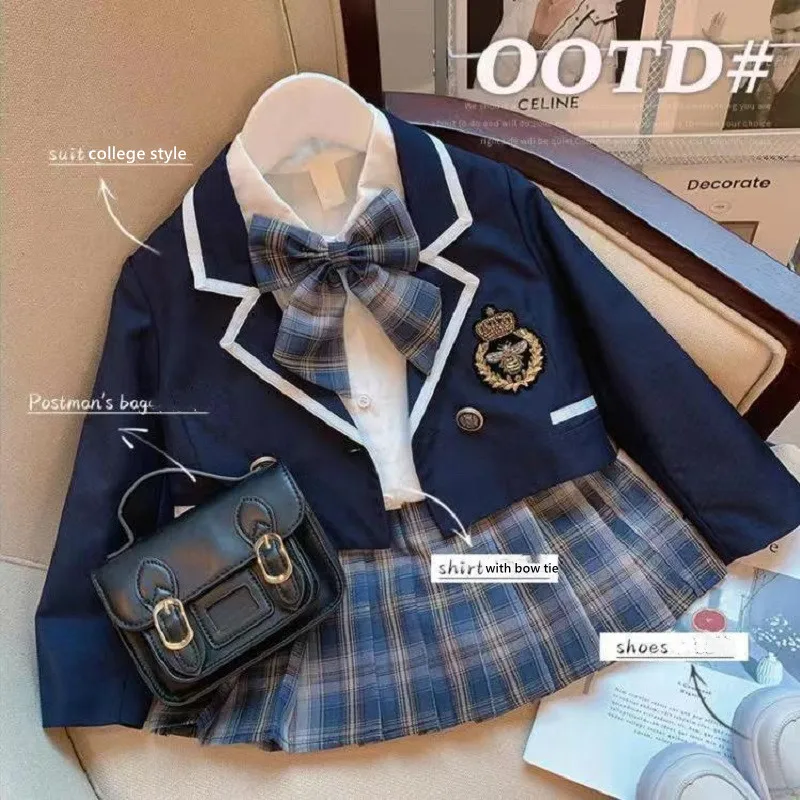 

Girls Jk Uniform Spring Autumn College Style Suit Children's Coat Shirt Pleated Skirt 3Pcs Set Student Loungewear with Tie 2-10Y