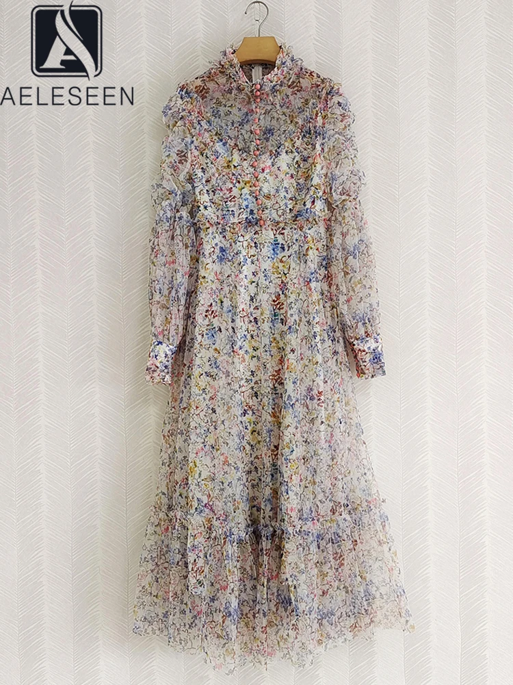 AELESEEN Runway Fashion Women Layered Tulle Dress Spring Summer Button Mesh 3D Ruffles Floral Print Elegant Maxi Party Ball Gown