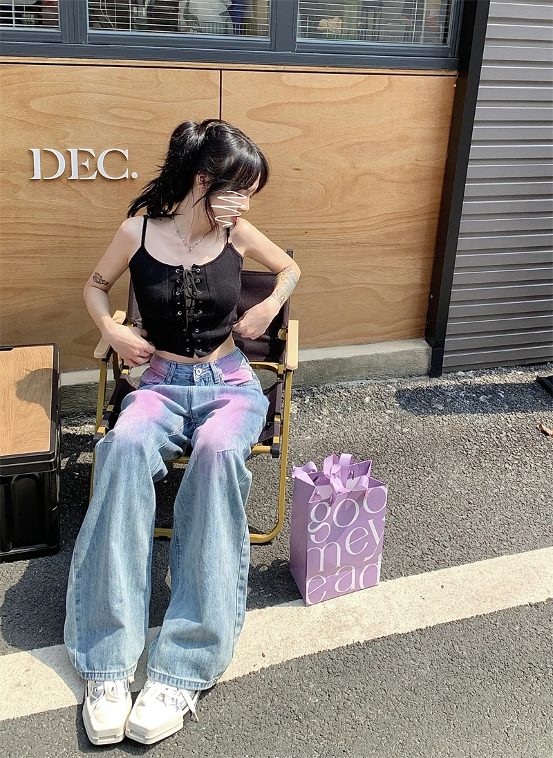 High Waist  All-Matching Dyed Jeans Women 2023 Spring and Summer New Retro Contrast Color Loose-Fitting Wide-Leg Trousers