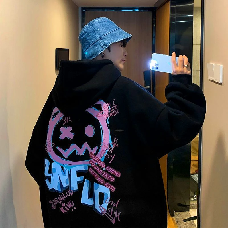 2022 Thick Fleece Winter Tops Men Hip Hop Hoodie Fun Graffiti Cartoon Oversized Sweatshirt Loose Casual Harajuku Kawaii Clothes