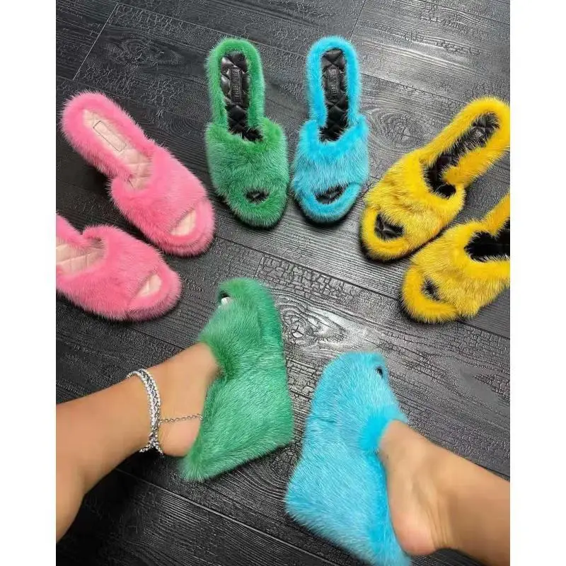 22023 New Large Size round Toe Wedge Fluffy Slippers Women's Independent Station Sexy High Heel Hair Cotton Slippers