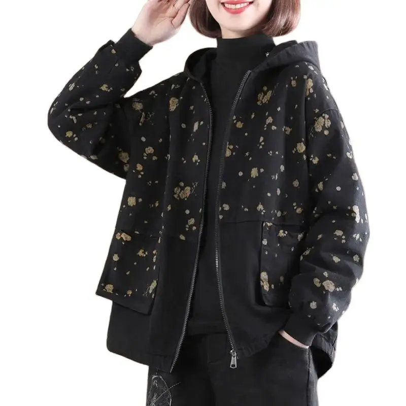 

5XL Large Size Women Coat Jacket 2023 Spring Autumn Winter Hooded Jackets Female Short Windbreaker Middle age Femme Fleece Coats