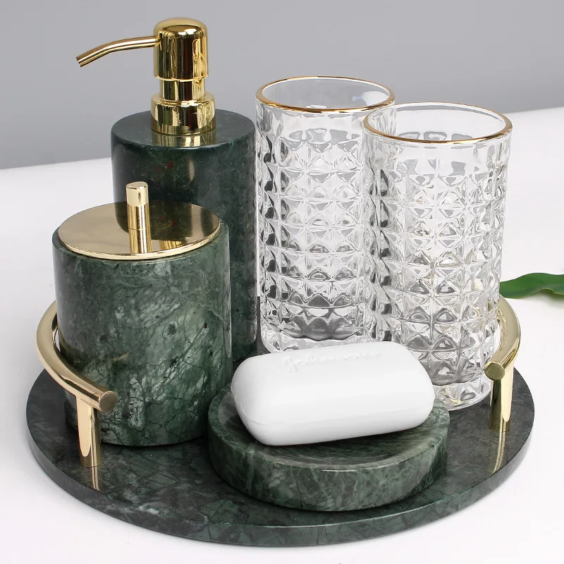 

Light Luxury Malachite Green Marble Bathroom Wash Set Brushing Mouthwash Cup Soap Dish Lotion Bottle Tray Bathroom Accessories