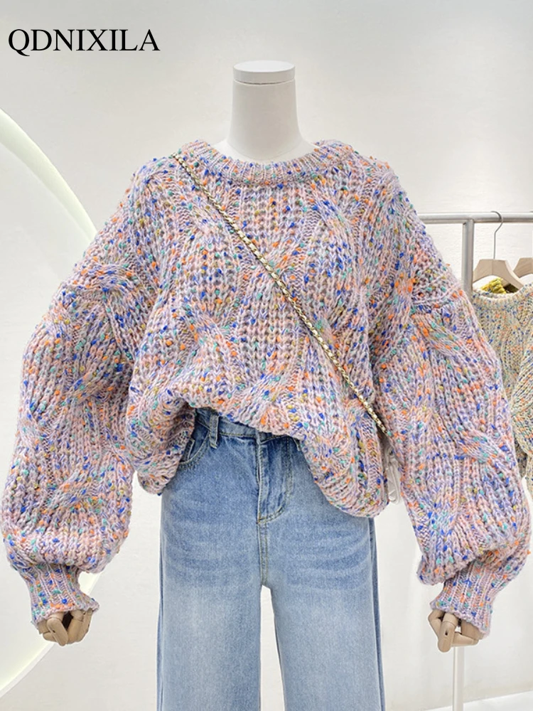 

Autumn Winter Korean Style Sweet Rainbow Women's Pullover Sweaters New Fashion Elegant Loose Lantern Sleeve Short Knitwear Tops