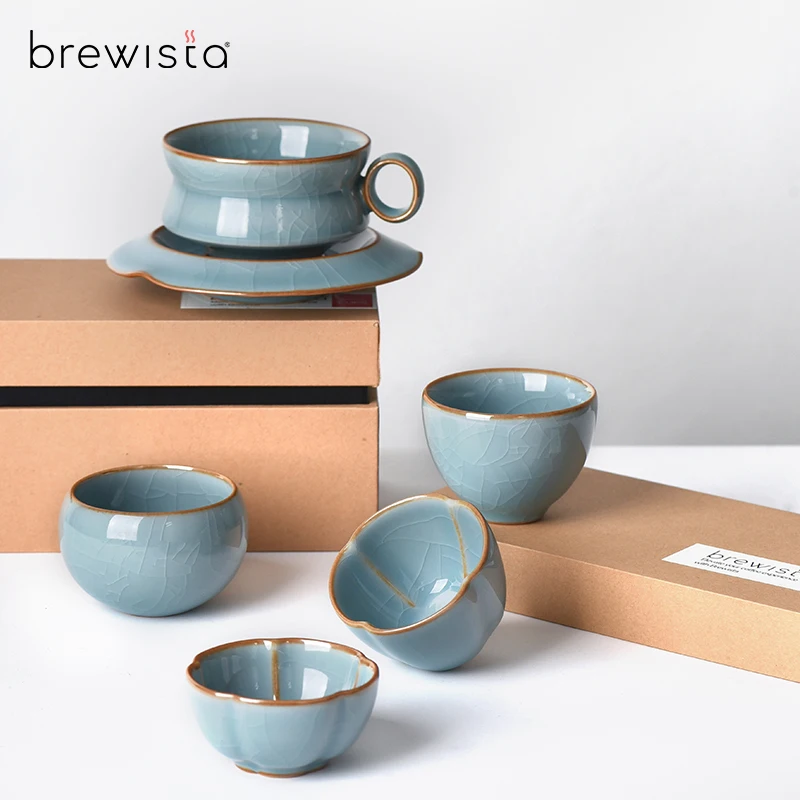 Brewista Portable Jingdezhen Ceramic Golden Silk Coffee Cup Ice Cracked Celadon Hand-made Coffee Cup Gift Set