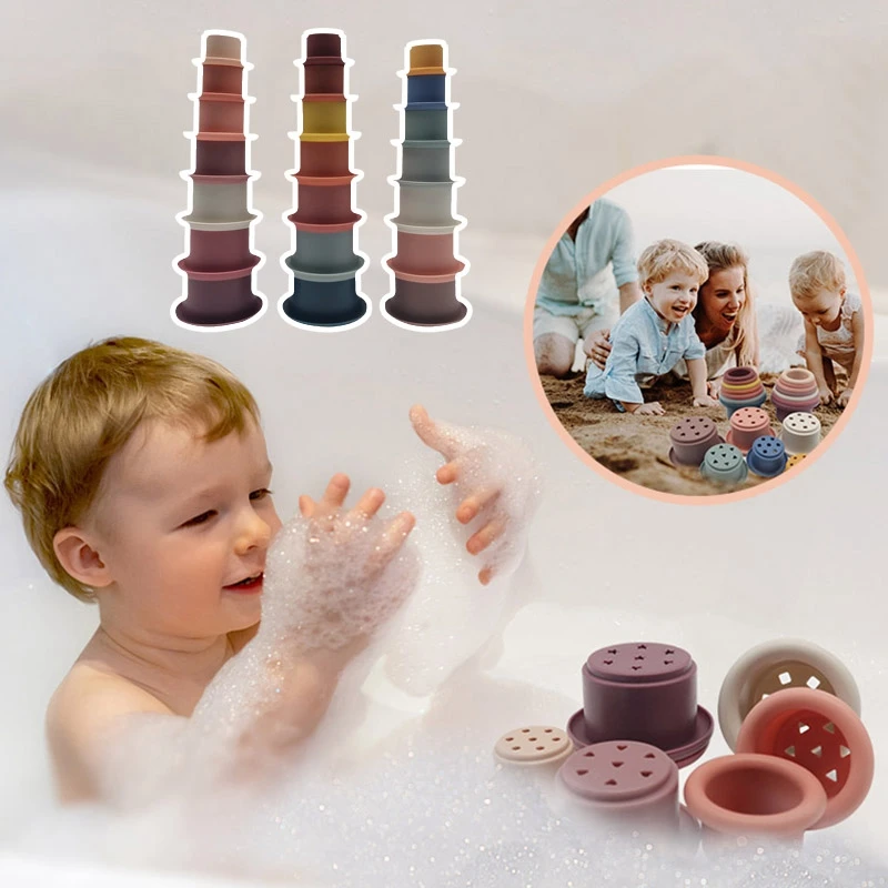 

7 Cups Silicone Baby Stacking Toys Rainbow Color Newborn Toddler Educational Building Block Baby Play Interactive Toys BPA Free