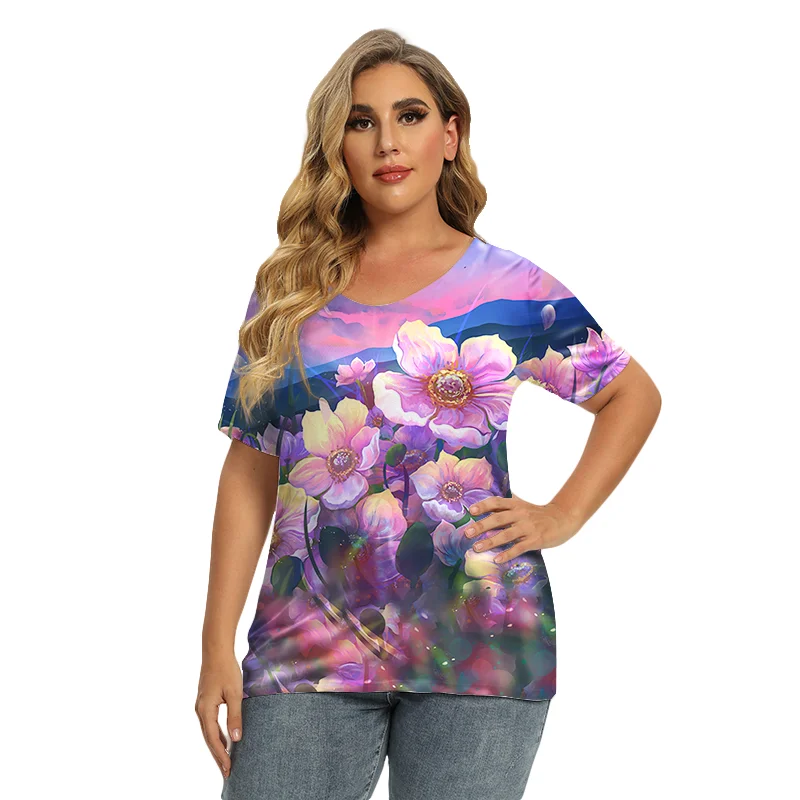 

5XL Plus Size Women Cotton T Shirt Summer 3D Print Floral Loose Casual V-Neck Top Ladies Short Sleeve Tee 2022 Fashion Clothing