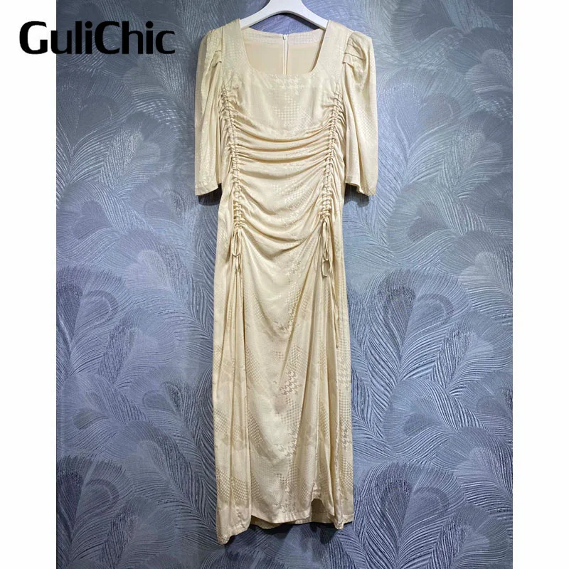 

7.8 GuliChic Fashion Squrae Collar Bird Lattice Jacquard Shirring Slim Elegant Temperament Long Dress Women