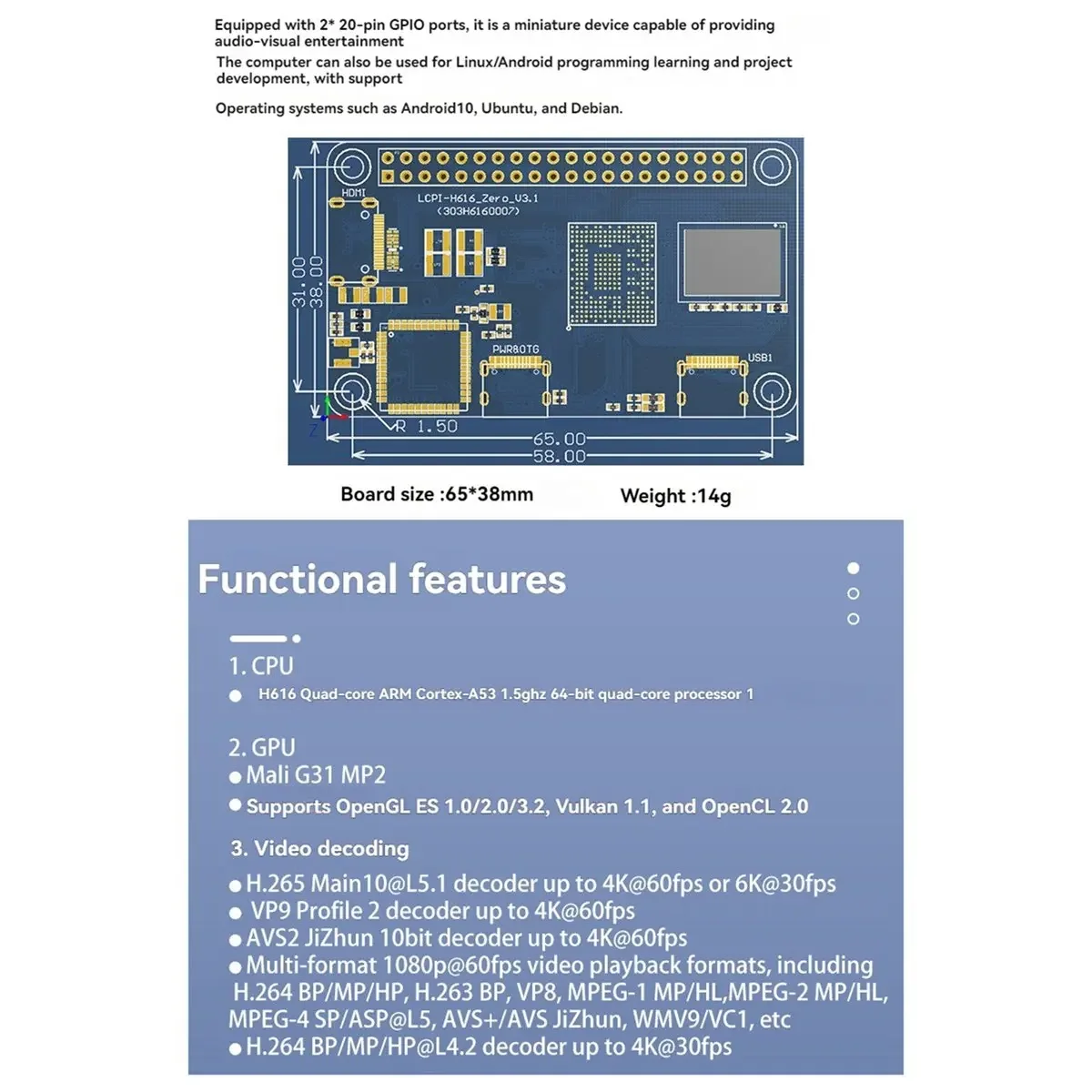 Фото Плата разработки VivaA26Z для Allwinner H616 ZERO, 512 МБ, ARM-материнская плата, поддержка 4K/60fps, модуль ТВ-приставки для OTT №2