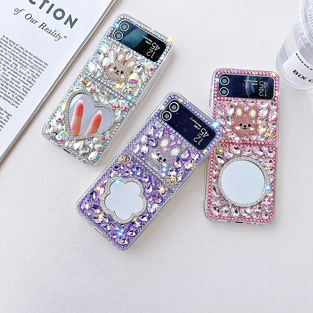 

Блестящий 3D чехол со стразами, милый кролик, зеркало для макияжа, жемчужный ремешок, прозрачный чехол для телефона Samsung Galaxy Z Flip4 Z Flip3, мягкая з...