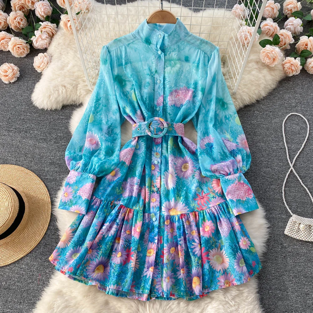 

2022 Early Spring New Stand-collar Lantern Sleeves Mid-length Printed Dress Design Small French Pleated Belt Women's Short Skirt