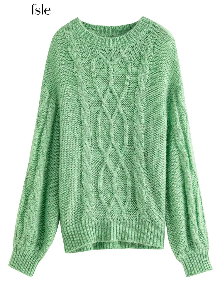 

FSLE Women Solid Cable Knitted Sweaters Loose Casual Wool Pullovers Sweater Winter New Round Neck Warm Tops Women Pullover