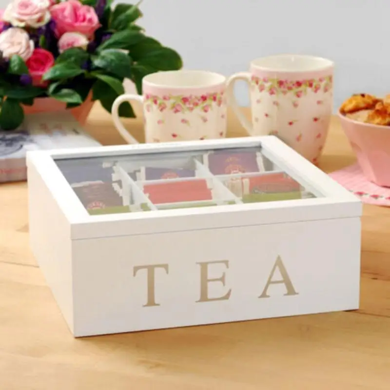 

Ящик для хранения чайных пакетиков с 9 отделениями, деревянная коробка для натурального чая с крышкой, держатель для хранения кофейных чайн...