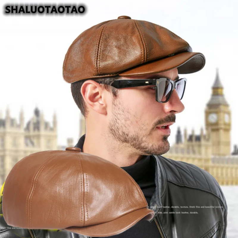 

2022 New Men's Leather Hat Autumn Winter Keep Warm Octagon Hat Beret Painter Hat Tongue Hat Ladies Leather Hats Casquette Gorra