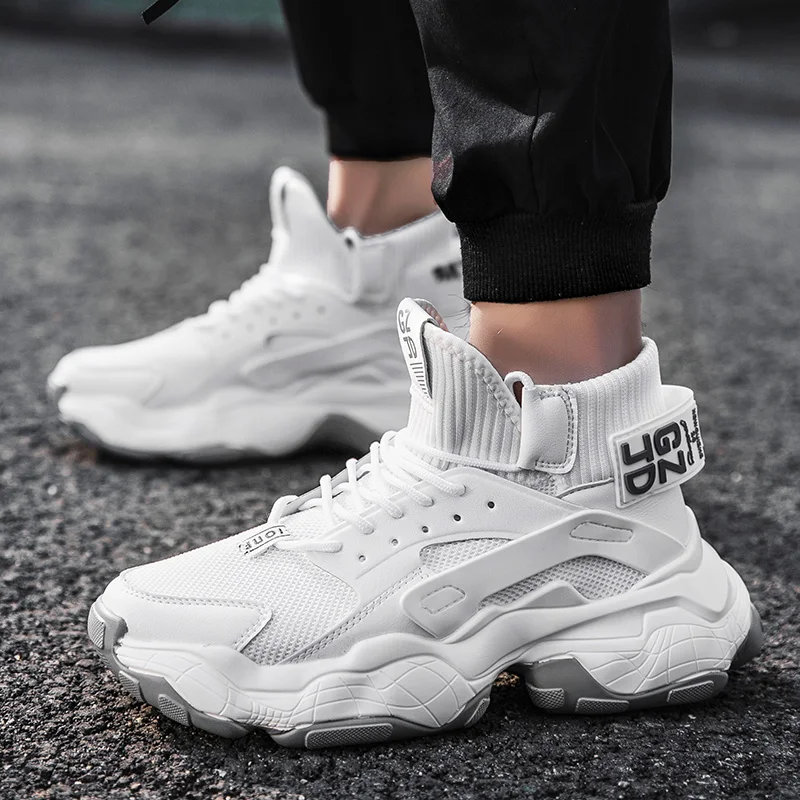 New Men's Shoes Spring And Thick-soled Mid-top Chunky Sneakers Casual Trend Rubber Elastic Comfortable Lightweight Sports Shoes