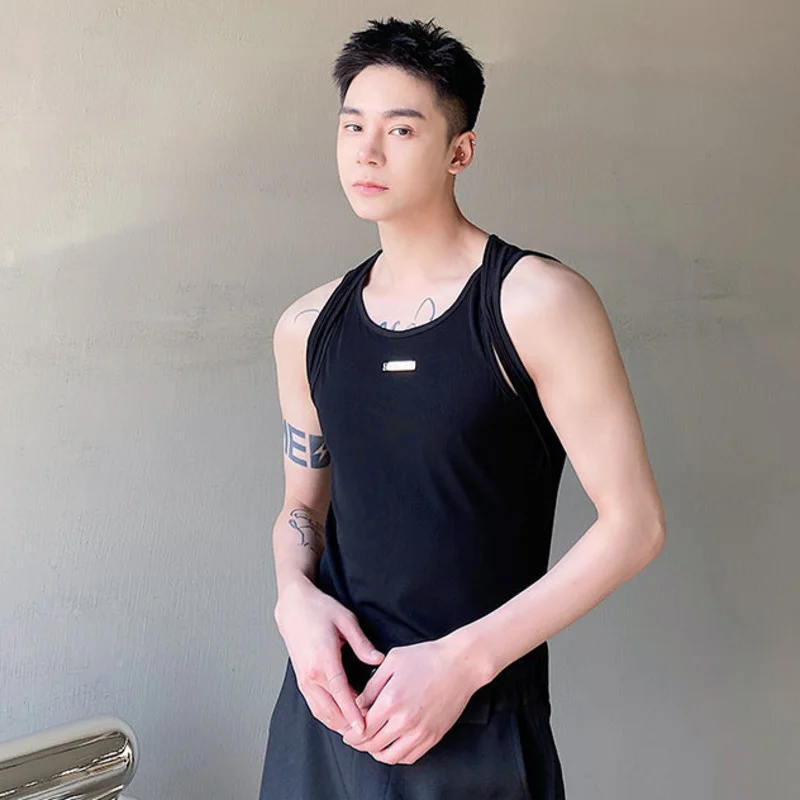 

SYUHGFA Male Casual Vests Korean Style Straps Niche Design Knitted Tank Top Solid Color Fashion Male New Sleeveless T-shirts