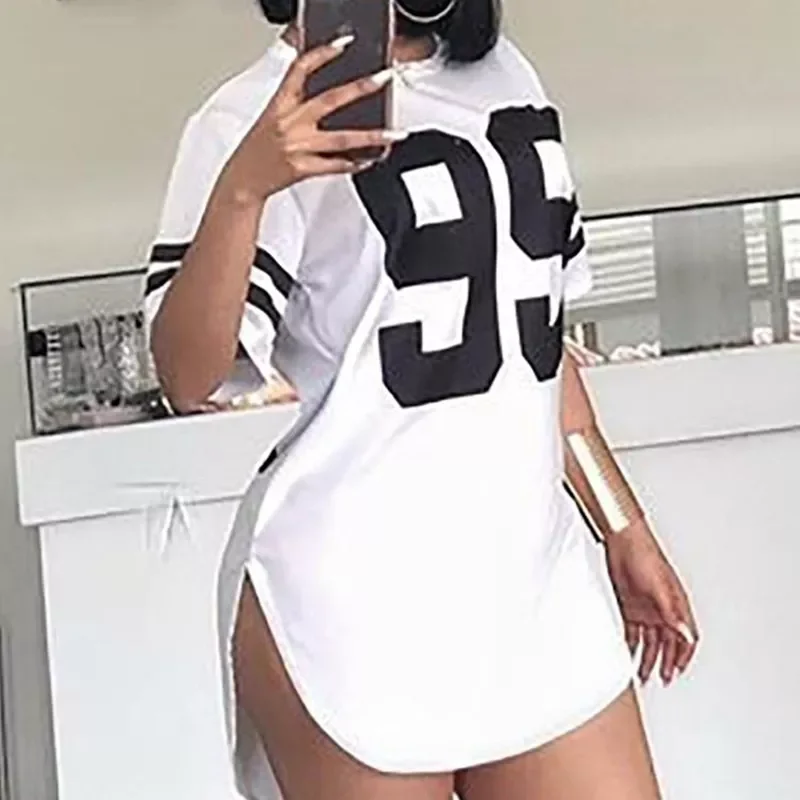 

2022New New Number Print Short Sleeve Dresses for Women Summer Casual Solid O-neck Dresses New Loose White Dress Sundress Robe M