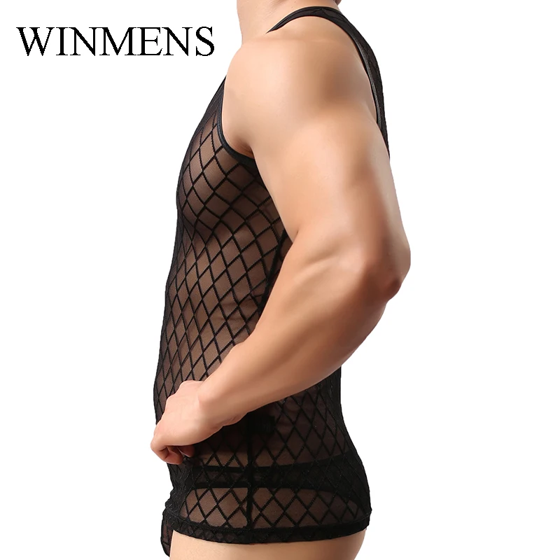 Men's Sleeveless Undershirt See Through Diamond Mesh Vest Summer Breathable V-neck Singlet  Sheer Fishnet Gay Slimming Shirts