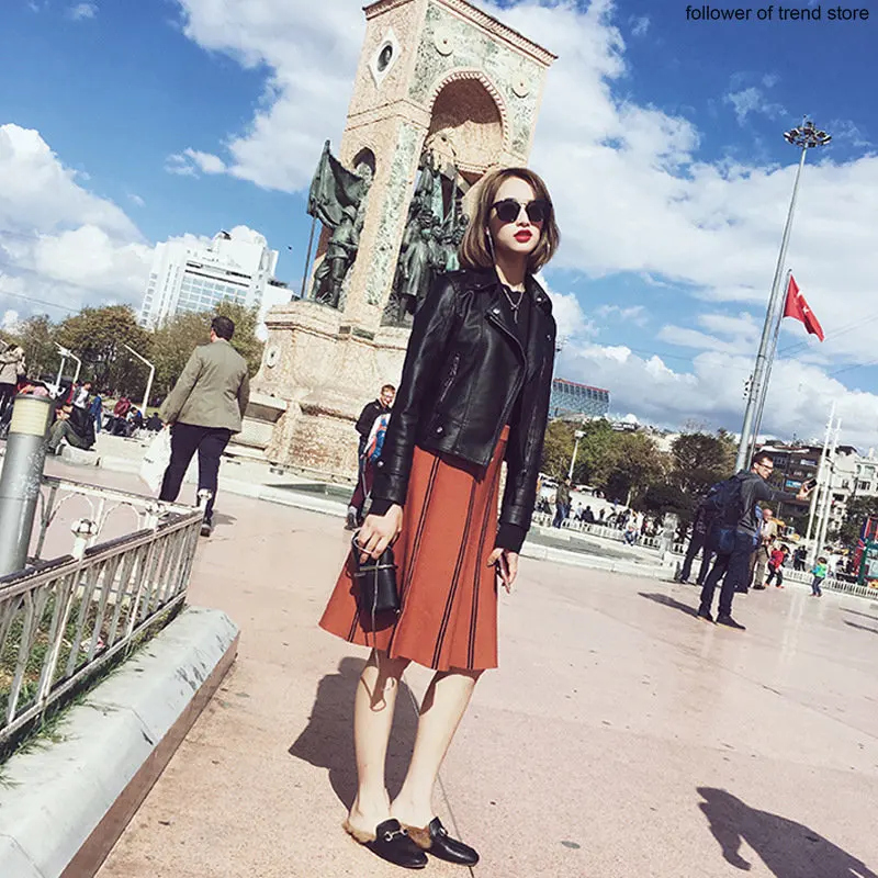 Spring and Autumn Women's Short Pu Leather Jacket Korean Slim Fashion Motorcycle Leather Jacket Black Gothic Punk Leather