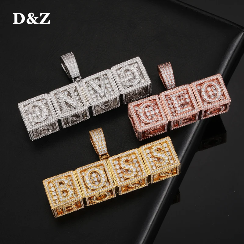 

D&Z New Block Square Hollow Letters Custom Initial Skeleton Pendant For Women Men's Hip Hop Jewelry AAA Zircon Rope Chain Gift