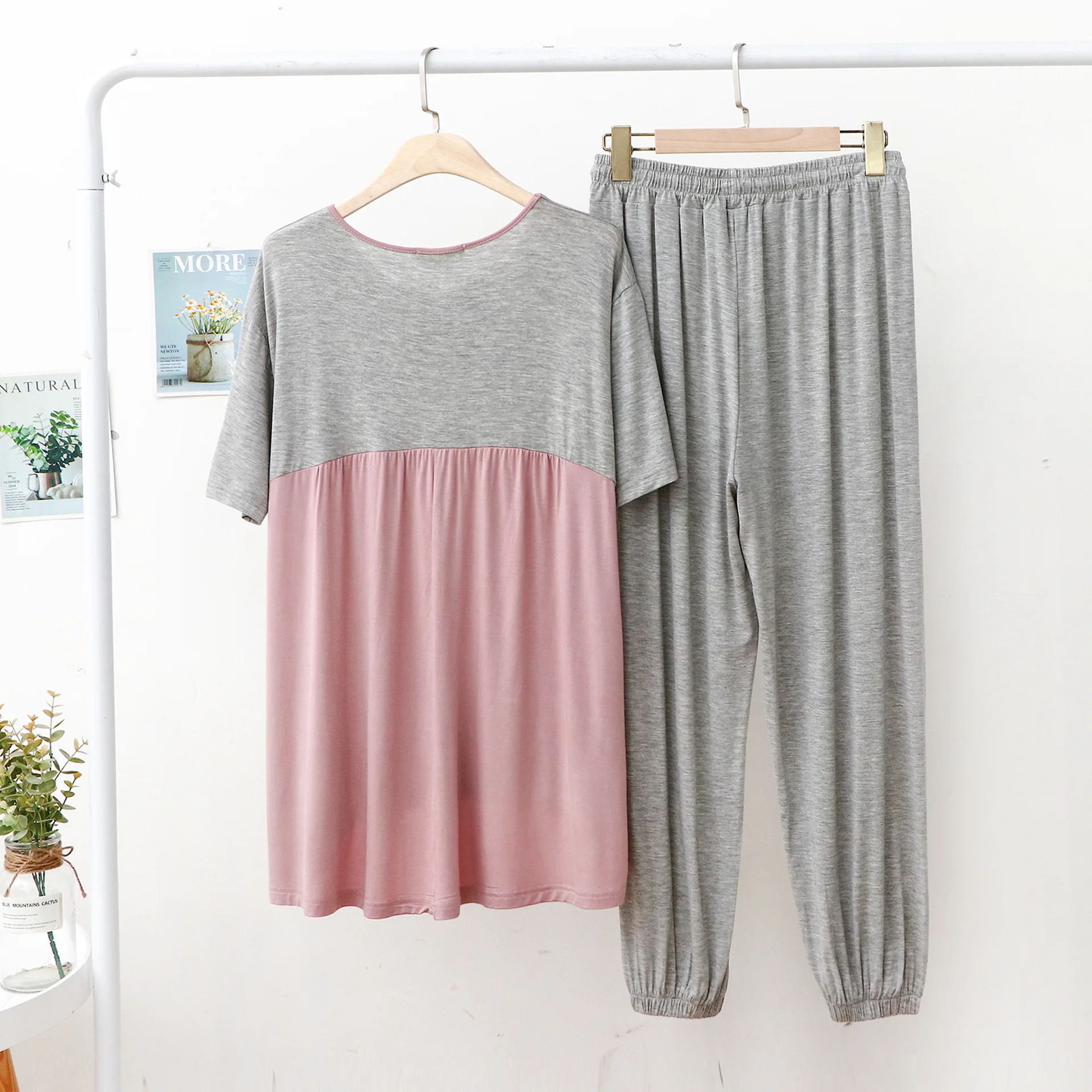 Women Pajamas Modal Tracksuit Spring Cross Splicing Contrasting Colors Short Sleeve Trousers Leisure Comfortable Fashion Suit