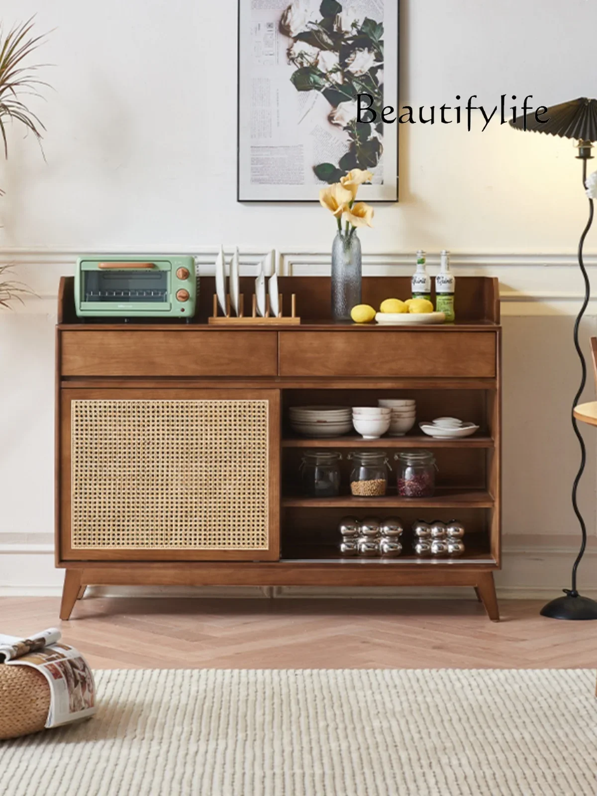 Kredens z litego drewna Retro Rattanowa szafka do przechowywania Małe mieszkanie Japońska wielofunkcyjna na herbatę