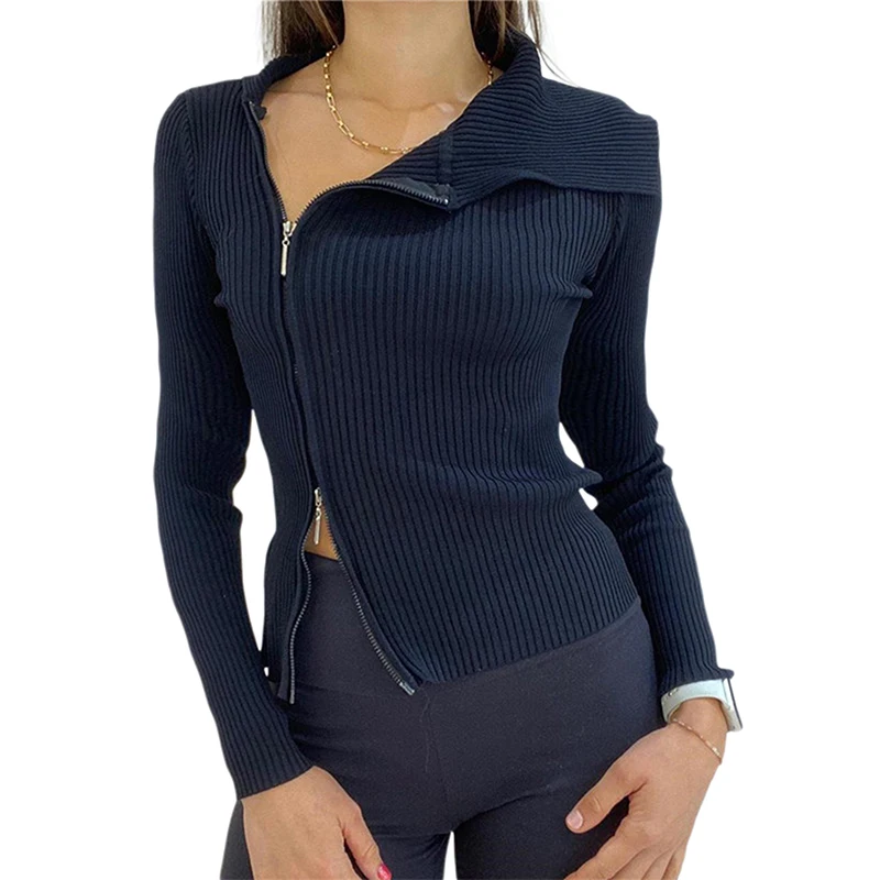 

Женская Асимметричная трикотажная футболка-блузка на весну и осень, черный однотонный облегающий свитер на молнии с длинным рукавом, джемп...