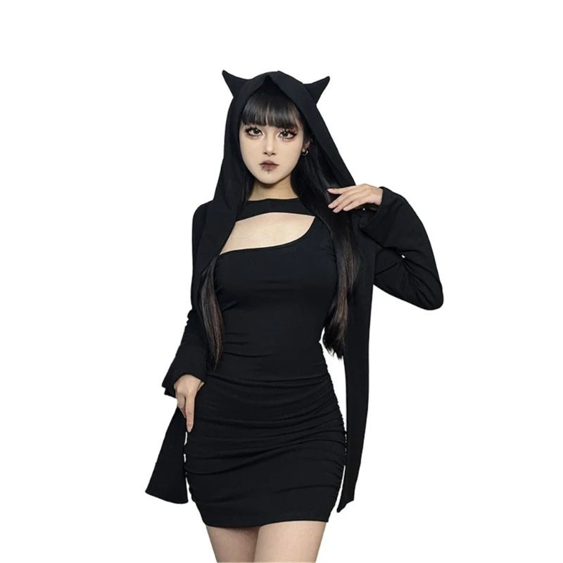 

2 Piece Set Women Vintage Gothic Crop Tops & One Shoulder Mini Dress Streetwear