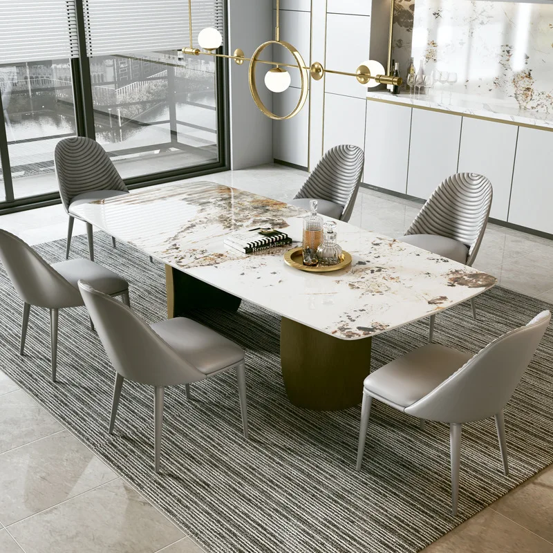 

Rock slab dining table simple rectangular light luxury stainless steel dining table and chairs high-end villa furniture