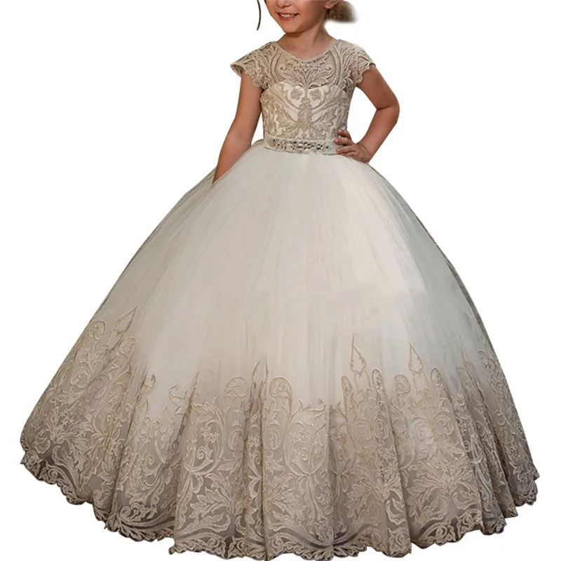 

Champagne Flower Girl Dress Elegant Champagne Lace Appliqué Sleeveless Cascading Kids Pageant Gowns For Weddings First Communio