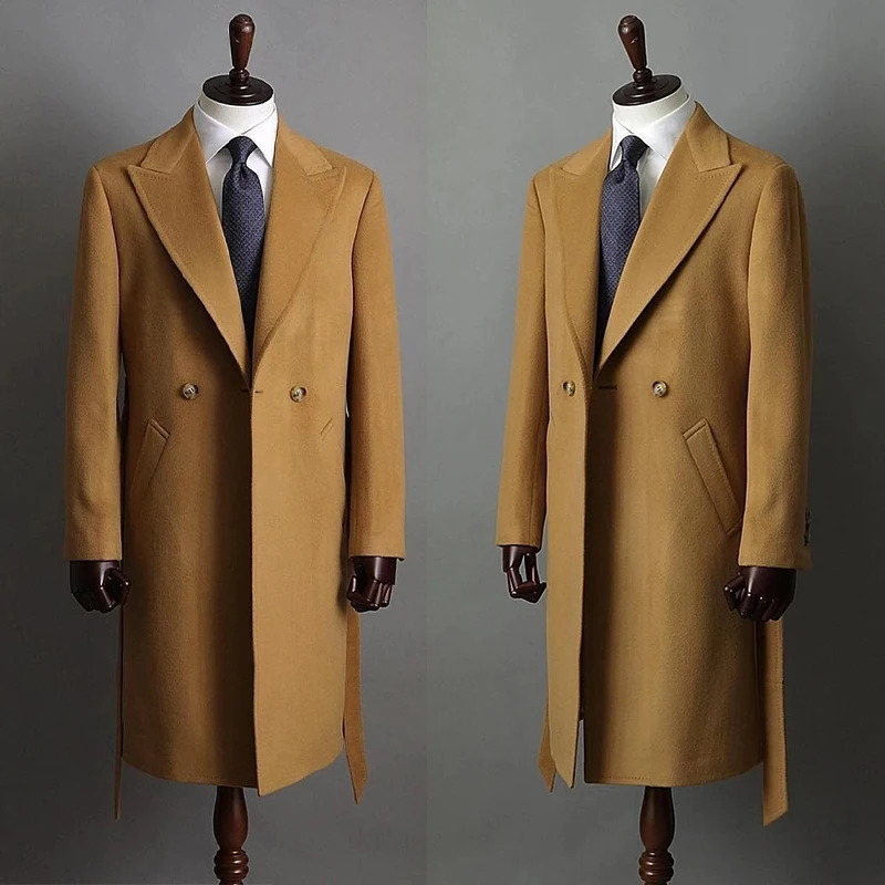 

Winter Men Woolen Overcoat Light Tan Suit Coat Blend Double Breasted One Button Fashion Men's Warm Jacket Custom Made Suit Coat