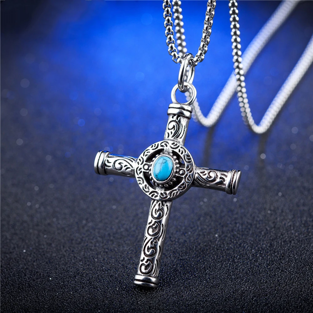 2023 New Arrival Cross Pendant With Turquoise Minimalist Style Stainless Steel Chain Necklaces For Women Wholesale Jewelry Gift