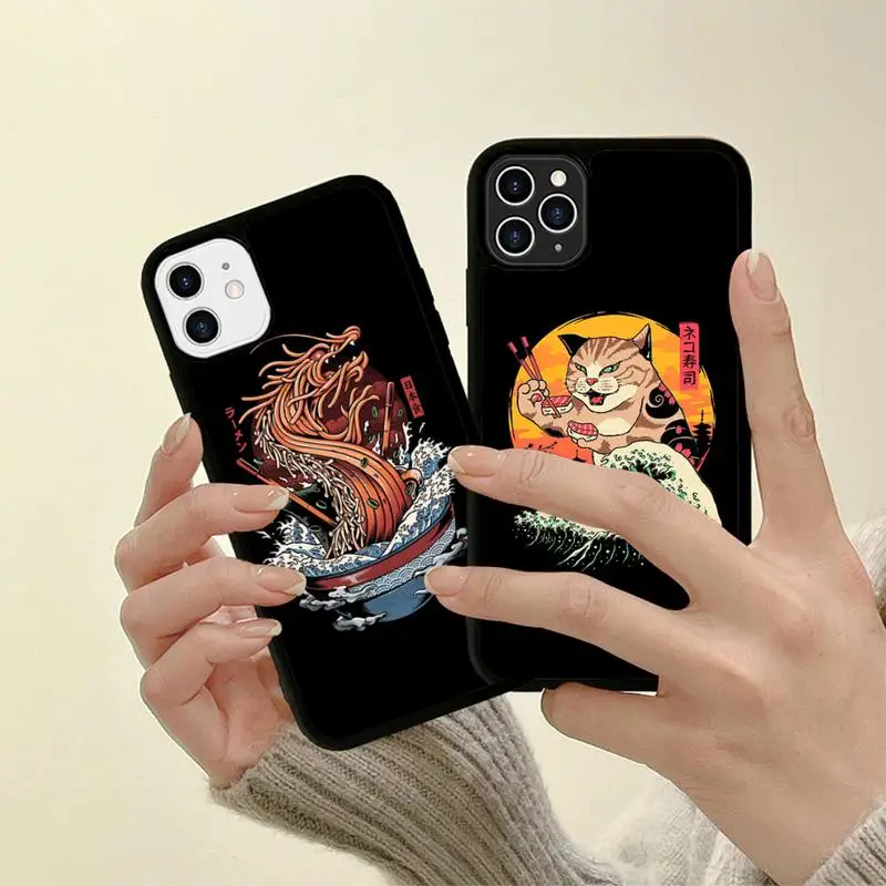 

Japan Anime Ramen Cat Great Wave Phone Case Silicone PC+TPU Case for iPhone 11 12 13 Pro Max 8 7 6 Plus X SE XR Hard Fundas