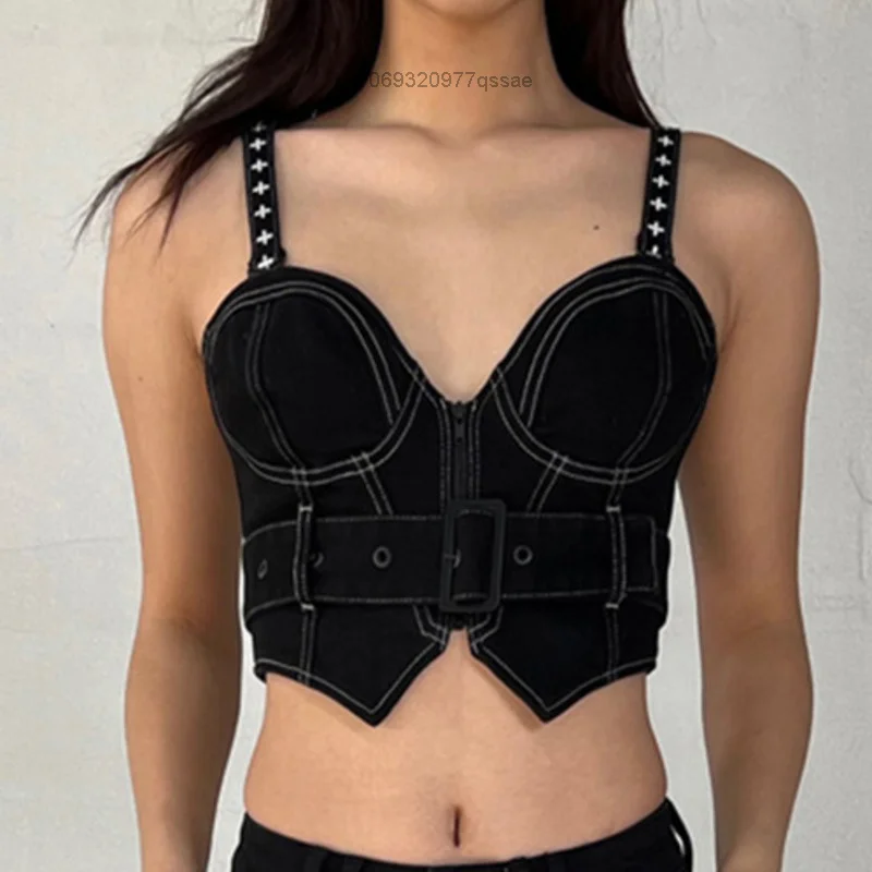 

Crosses Pattern Bright Line Decor Strap Sweetheart Denim Tank Top Fashion Design Belt Waist Tighten Slim Oversize Tops Clothes