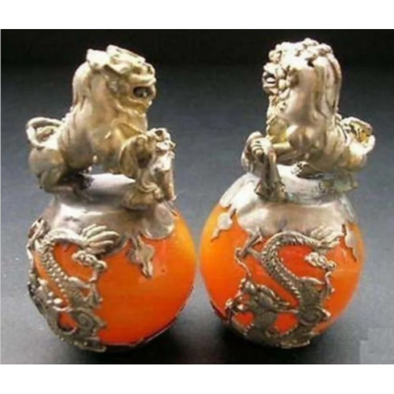 

A PAIR CHINESE CARVED JADE & SILVER DRAGON FOO DOGS STATUE