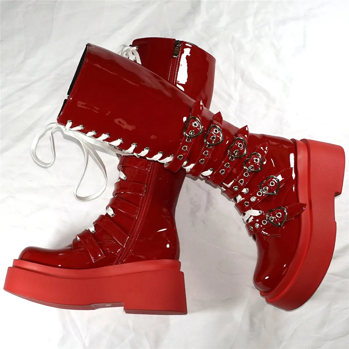 Fashion Sneakers Women Lace Up Patent Leather Super High Heels Thigh High Boots Female Round Toe Platform Pumps Casual Shoes