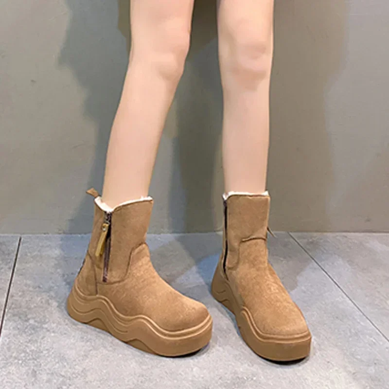 

2024 Winter Fur Snow Ankle Boots Women Suede Warm Shoes Designer Flats Platform Chelsea Boots New Brand Plush Zipper Femme Botas
