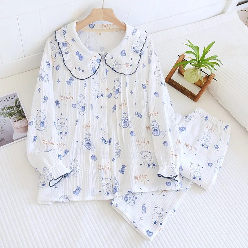 

Ladies Cotton Gauze Pajamas Thin Long-sleeved Trousers Home Clothes Loose Casual 2 Piece Turn-down Collar Blue Bear Sleepwear
