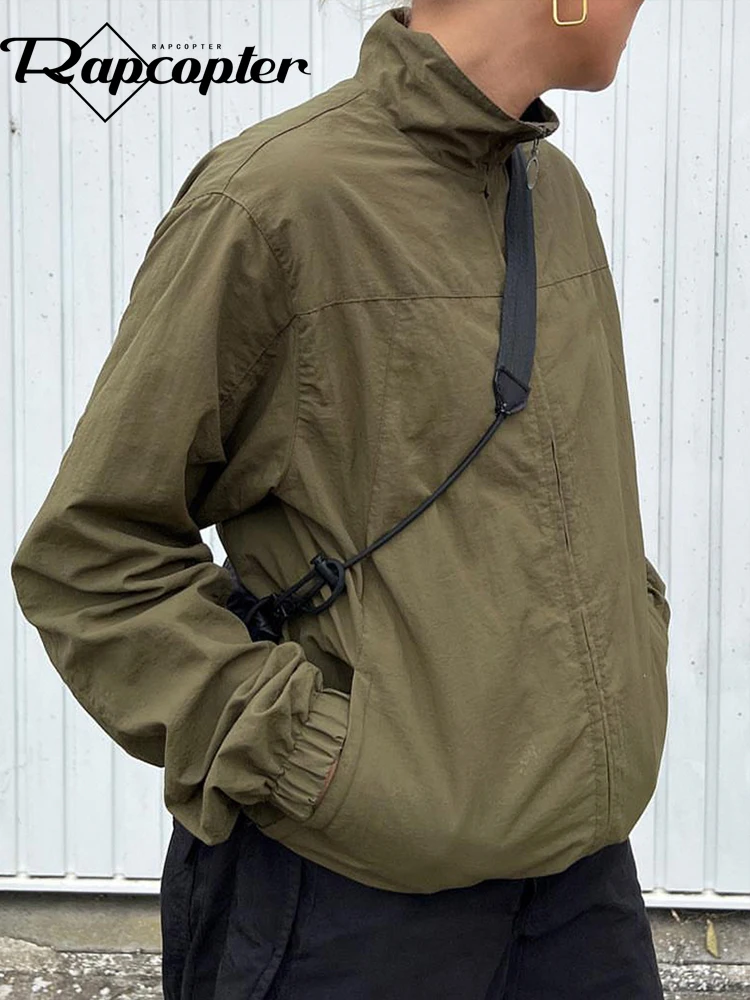 

Rapcopter Green Loose Jackets Turtleneck Full Sleeve Pockets Retro Street Thin Windbreaker Coat Autumn Fashion Harajuku Women