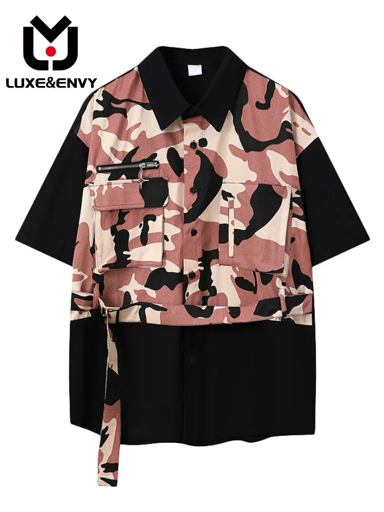 

Роскошная & ENVY Мужская камуфляжная рубашка в стиле пэчворк с коротким рукавом нишевая Футболка с имитацией двух предметов на весну и лето 2023 Новинка