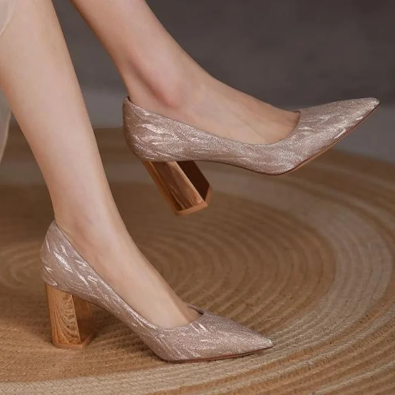 

Туфли-лодочки женские на высоком каблуке, элегантные вечерние туфли-лодочки, без застежки, с острым носком, на среднем толстом каблуке, пикантная обувь для вечеринки