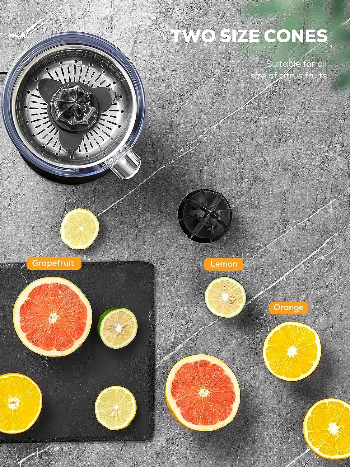 

Juicer Squeezer, Oranges Juicer with Rubber Handle and Two Size Cones, 160W Silent Motor Juice Squeezer for Orange, Lemon and Gr