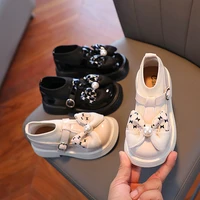 2022 spring new korean pu bow cute girls simple sock shoes children fashion versatile casual pearl breathable loafers round toe