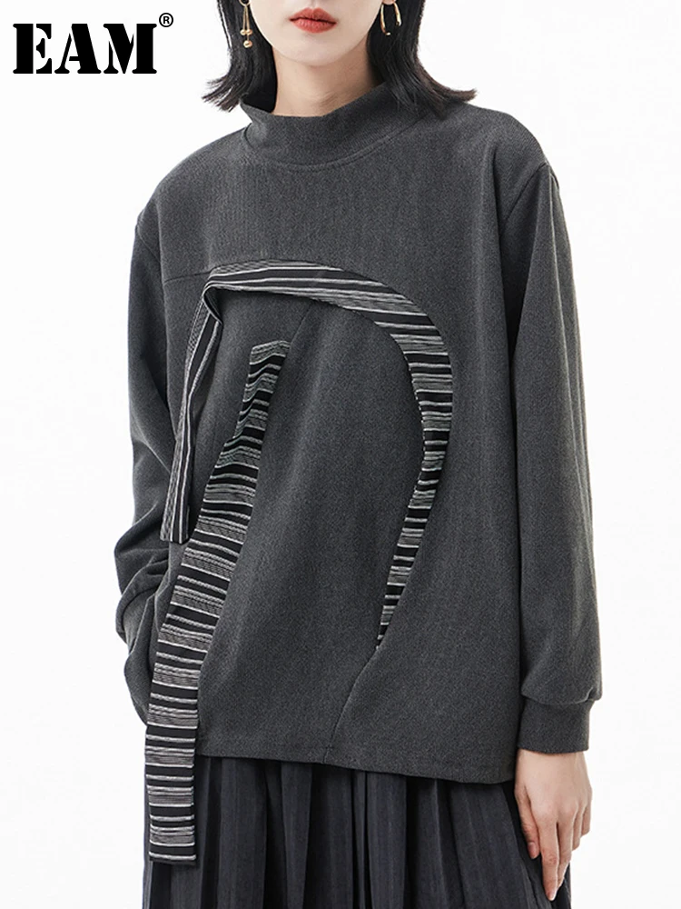 

[EAM] Women Gray Striped Spliced Irregular Big Size T-shirt New Turtleneck Long Sleeve Fashion Tide Spring Autumn 2022 1DE6364