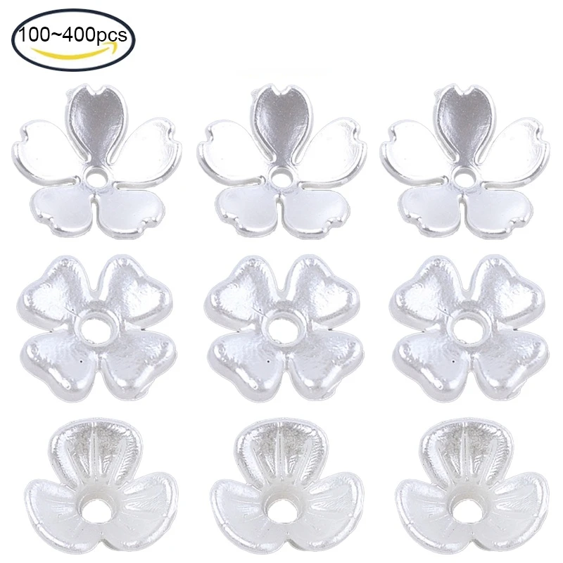 

100PC Fashion 5-Petal ABS Plastic Imitation Pearl Bead Caps Flower Creamy White 15x15x4mm for Jewelry Necklace DIY Making