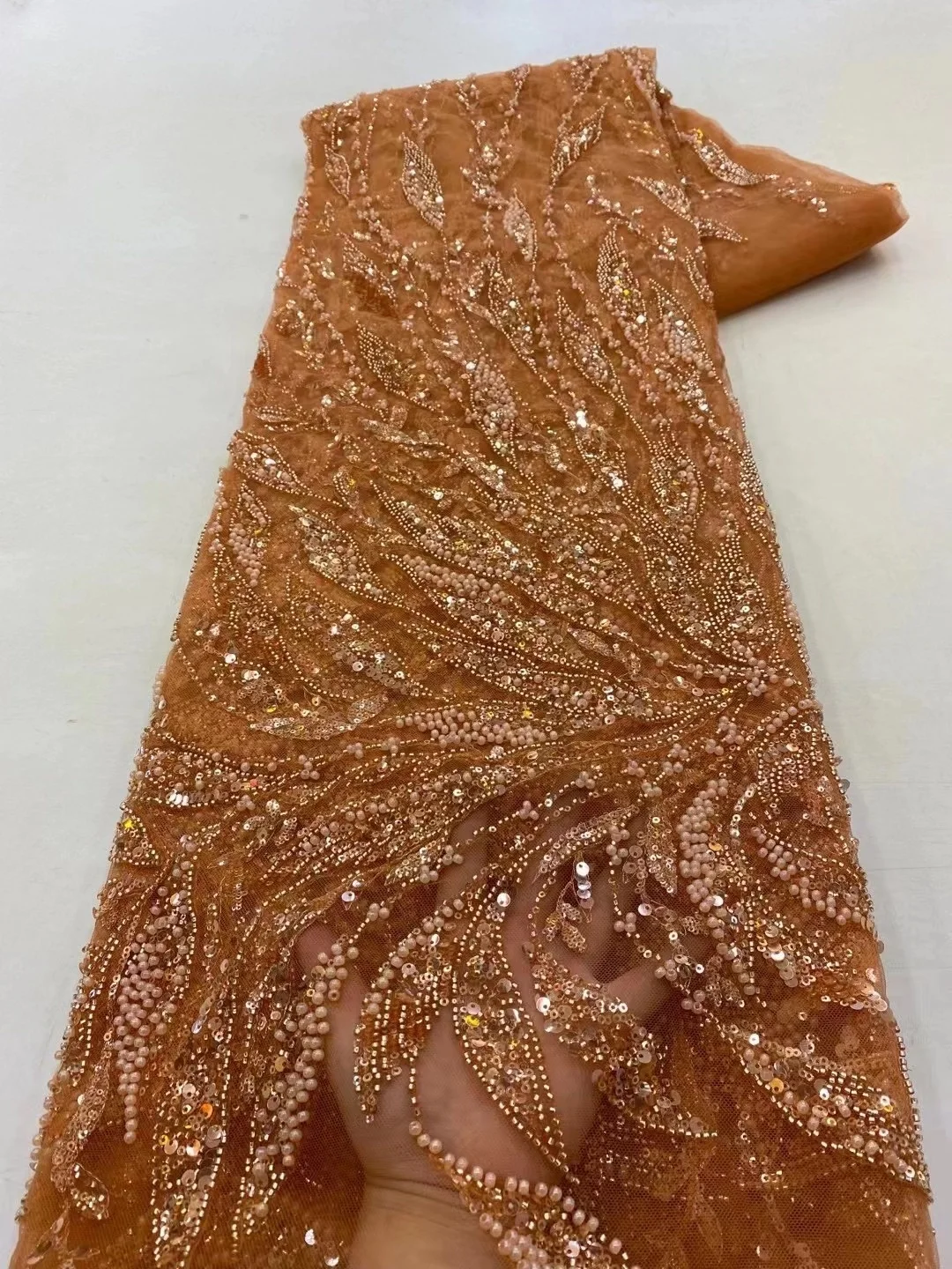 

Orange African Groom Sequins Lace Fabric High Quality 2023 Heavy Beaded Embroidery French Tulle Lace Nigerian Wedding Dress