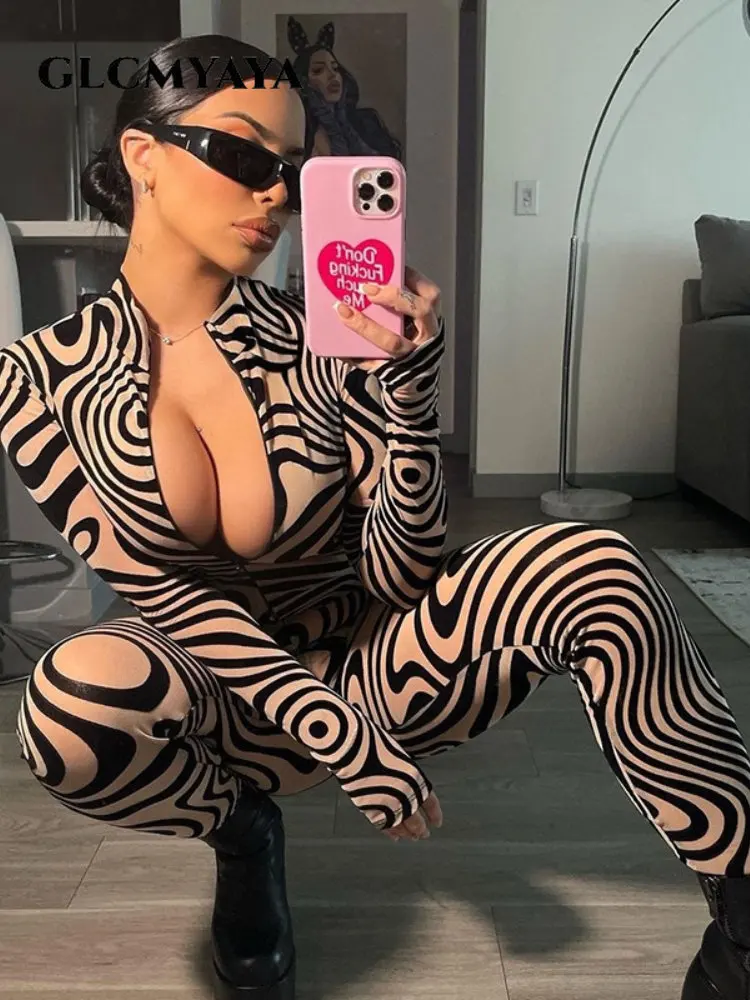 

GLCMYAYA Fashion Women Long Sleeve Zipper Fly Wave Striped Moto Biker Jumpsuit 2023 INS Sexy Evening One Piece Suit Playsuit